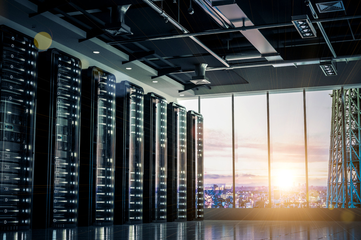 The City's Brain-Data center in the City.the high view from cooling equipment and network servers racks with light,3D physically rending high quality.the City image of the background,shoot in Osaka Downtown,Japan with myself.