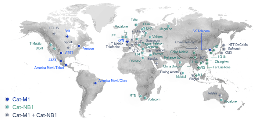 Global deployments of Cat-M1 and Cat-NB1 networks as of April 2018