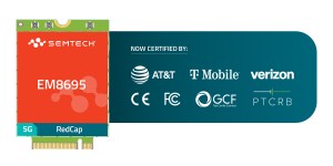 Semtech EM8665 cellular IoT module with M.2 form factor, showing AT&T, T-Mobile, and Verizon carrier certifications and regulatory compliance marks including CE, FCC, and PTCRB"