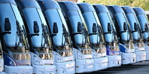 Fleet of blue transit buses parked in rows, representing large-scale in-vehicle AirLink router deployments managed with ALMS Device Groups