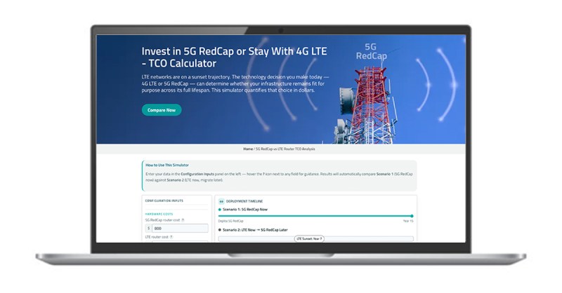 5G RedCap TCO calculator comparing lifecycle costs against 4G LTE deployment